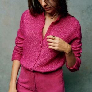 NEW Sezane Saphia Wool/ Kid Mohair Delicate Fancy Openwork Knit Pink Cardigan XS